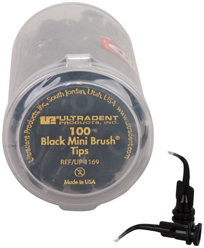 100 schwarze Mini Brush Tips in transparenter Kunststoffverpackung mit gebogener Spitze.