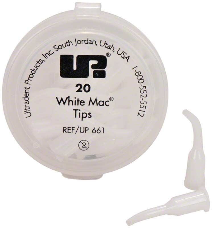 Weiße Mac Tip 2,0 gebogen Applikator für dentale Anwendungen.