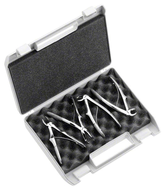 Kinderzahnzangenset aus Edelstahl in geöffneter Aufbewahrungsbox.