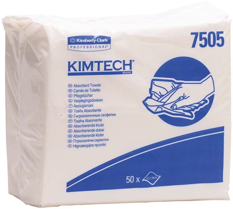 Kimtech Pflegetücher 50 Stück Verpackung mit blauer Aufschrift und Illustrationen.