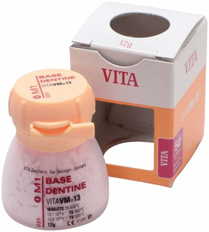 VM13 3D Base Dentin 12g 0M1 Zahnpulver in geöffneter Verpackung.