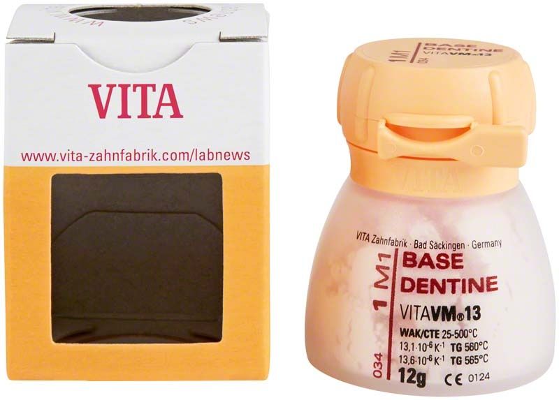 VITA VM13 Base Dentine 1M1, 12g Flasche und Verpackung.
