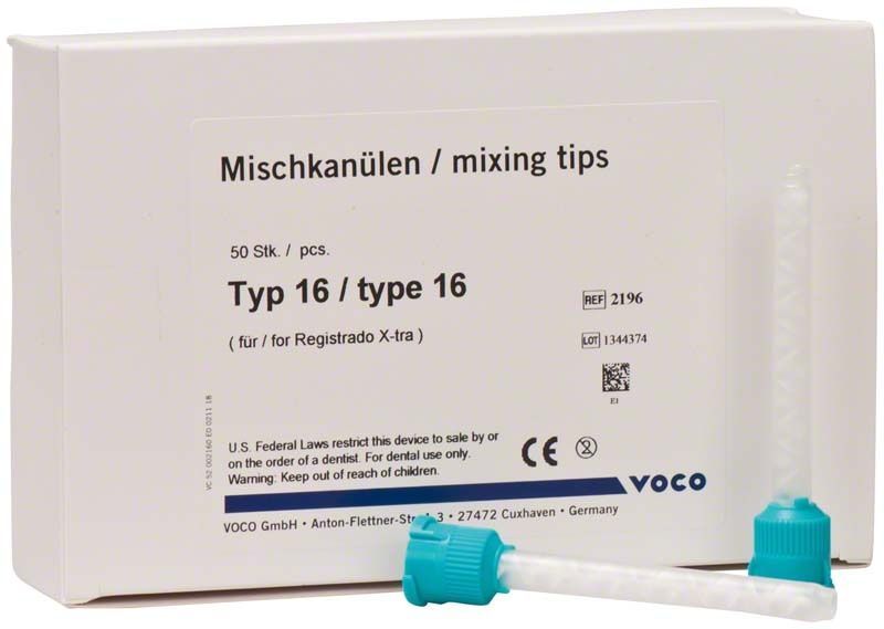 Mischkanülen Typ 16 für dentalen Einsatz mit blauem Applikationsaufsatz.