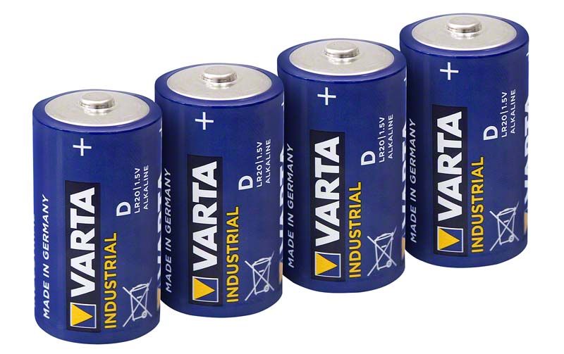 Vier VARTA Industrial LR20 D-Batterien in blauer Verpackung.