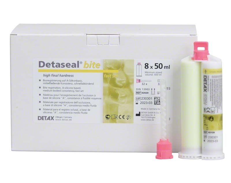 Detaseal Bite Kartuschen 8x50ml mit Verpackung und Applikationsdüsen.