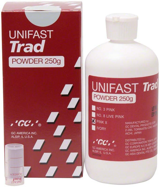 Unifast TRAD Pulver pink X Flasche neben Verpackung.