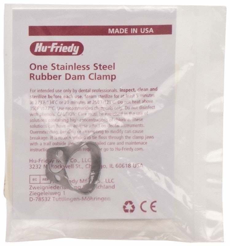 Kofferdam-Klammer aus Satin Steel in Verpackung mit Aufschrift "Made in USA".