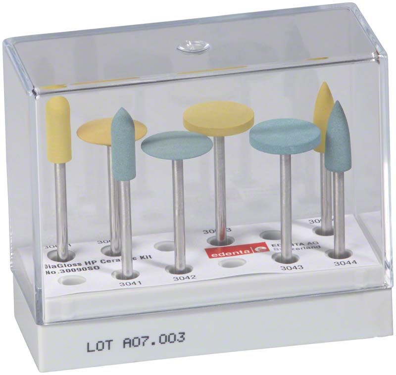 CeraGloss Polierer Kit HP mit verschiedenen Schleifaufsätzen in transparenter Box.