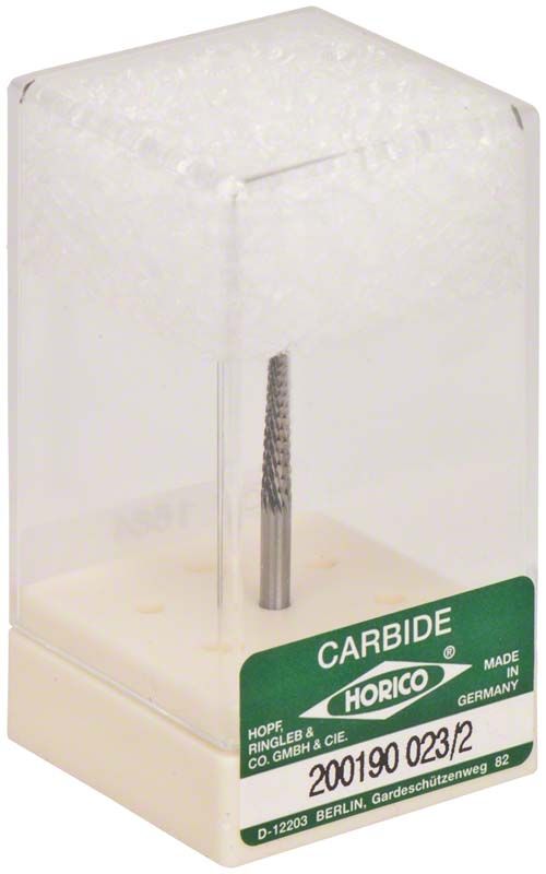 Hartmetallfräse in transparenter Verpackung mit grüner Etikettierung.