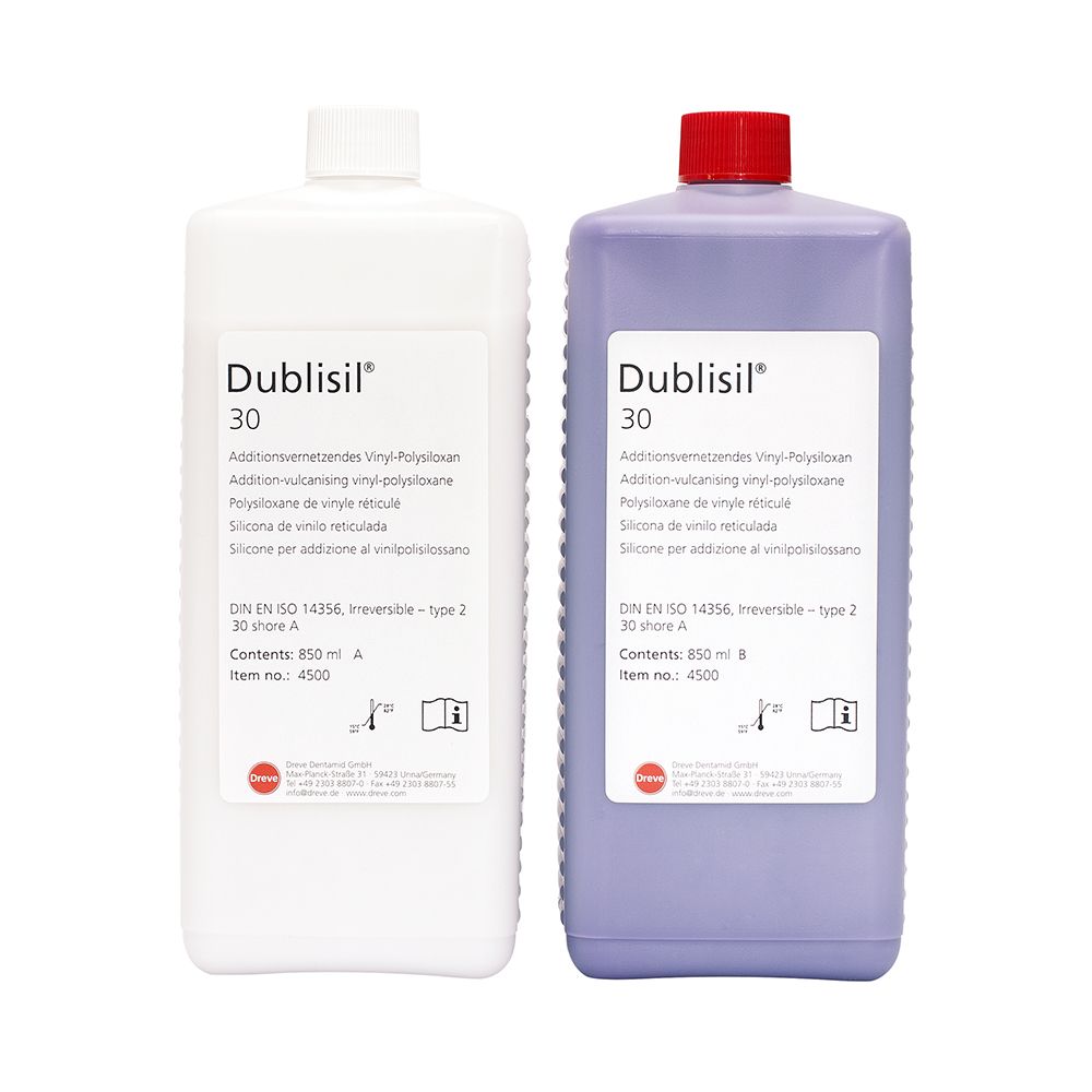 Zwei Flaschen Dublisil® 30 Dubliersilikon, weiß und lila, 850ml.