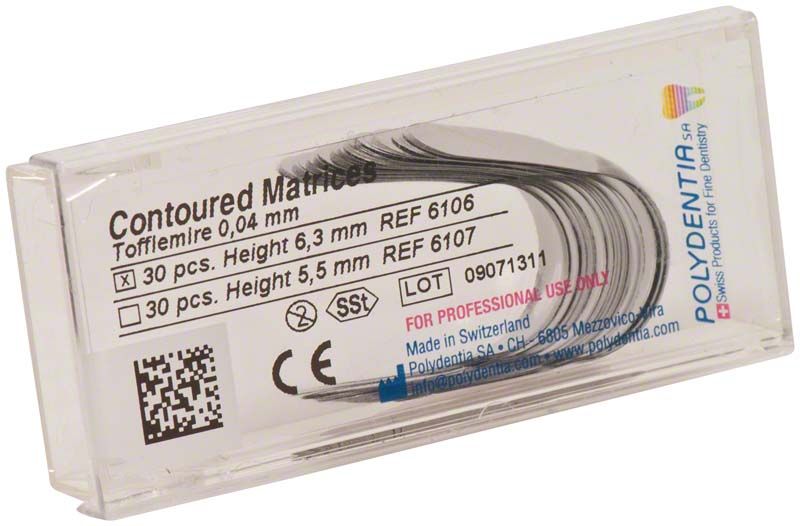 Tofflemire Matrizen 6,3mm, 30 Stück, in transparenter Verpackung.