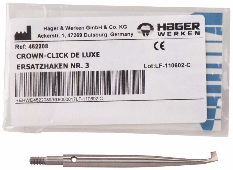 Crown Click® De Luxe Instrumentenansatz Nr. 3 mit Ersatzhaken und Verpackung.