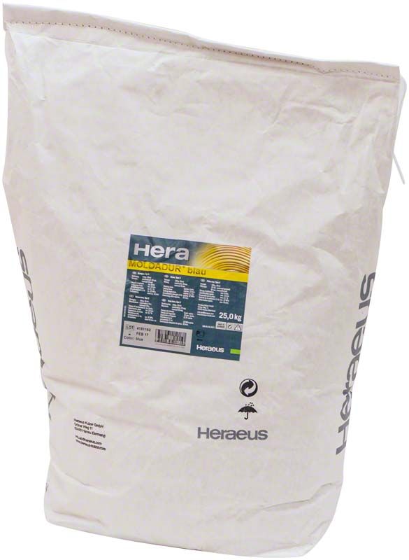 Moldadur® blau 25kg Beutel mit Heraeus-Logo und Produktinformationen.