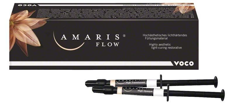 Amaris flow Spritze High Translucent Zahnfüllmaterial vor Produktverpackung