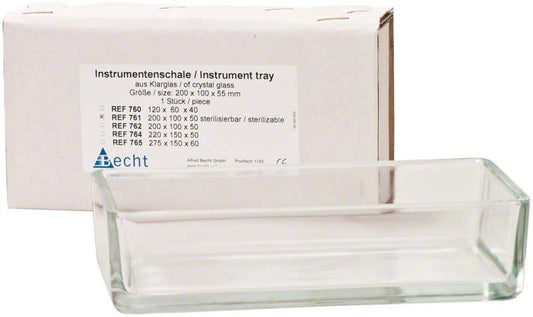 Instrumentenschale aus Klarglas vor weißer Verpackung mit Produktdetails.