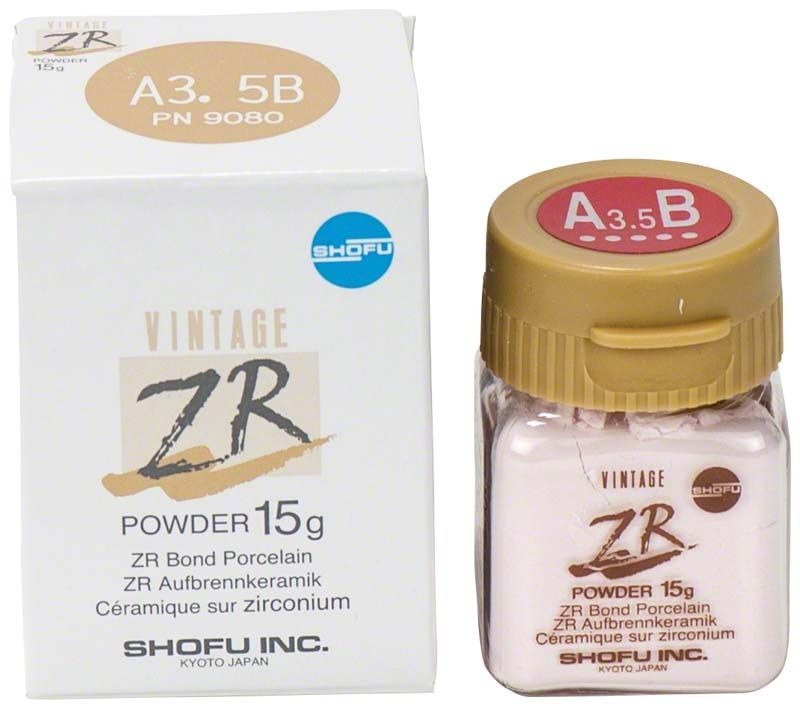 Vintage ZR Dentin A3,5B 15g Pulver mit Verpackung und Glasbehälter.