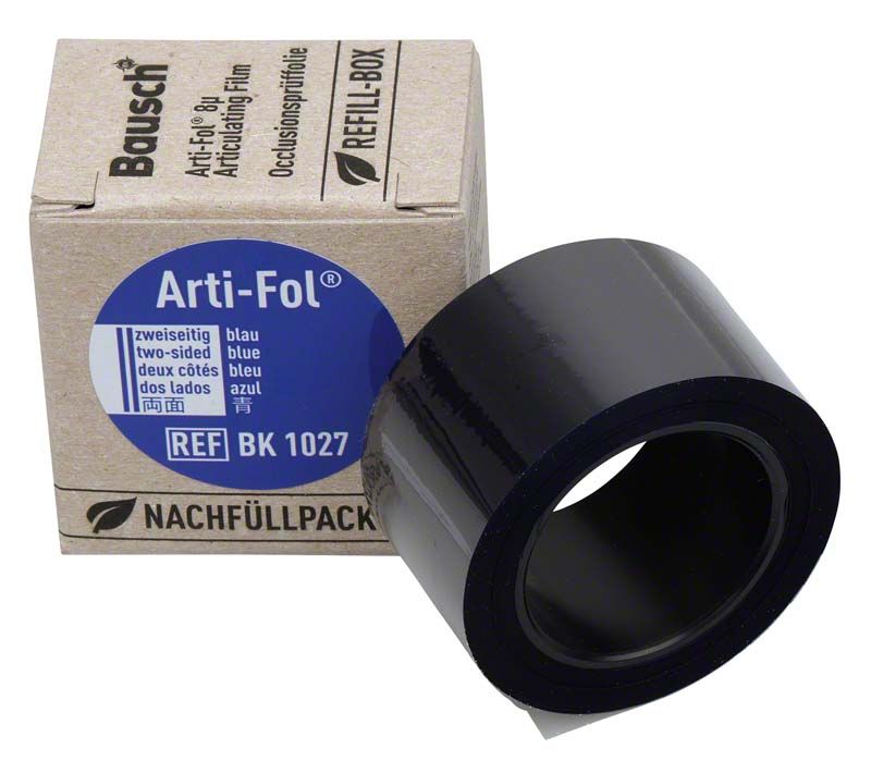 Arti-Fol® Plastik 8µ Nachfüllbox mit blauer Artikulationsfolie.