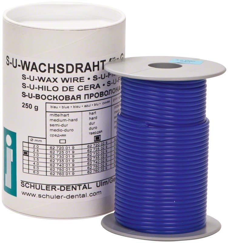 Blauer Wachsdraht Ø 3,0mm auf Rolle neben Verpackung.