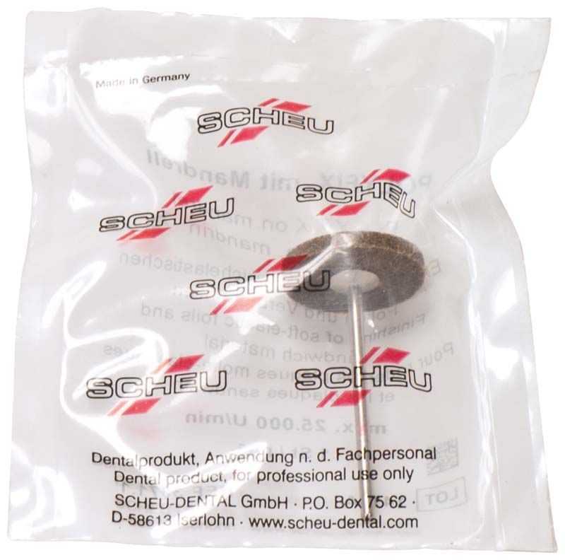 POLYFIX 1 Scheibe mit Mandrell in Verpackung mit Firmenlogos.