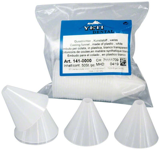 Gusstrichter aus Kunststoff, weiß, mit Verpackung und Beschriftung.