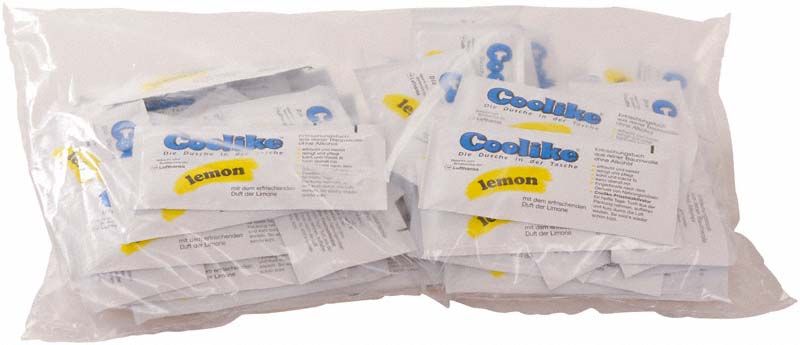 Erfrischungstücher Lemon in transparenter Verpackung mit blauem und gelbem Aufdruck.