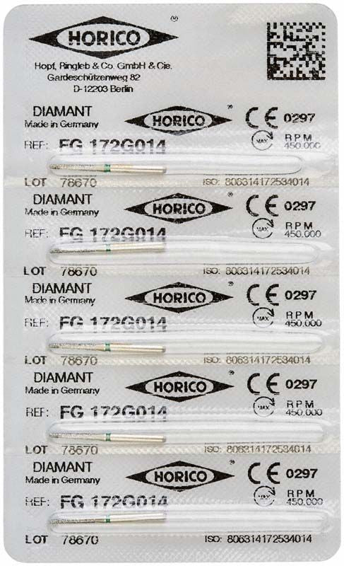 Blisterpackung mit fünf Diamantbohrern, Modell FG 172G 014, von Horico.