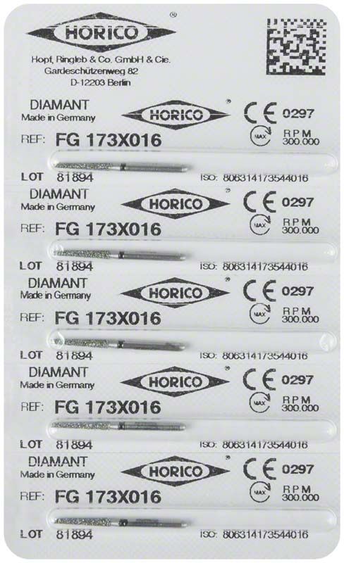 Blisterpackung mit fünf Diamant-Schleifinstrumenten FG 173X 016.