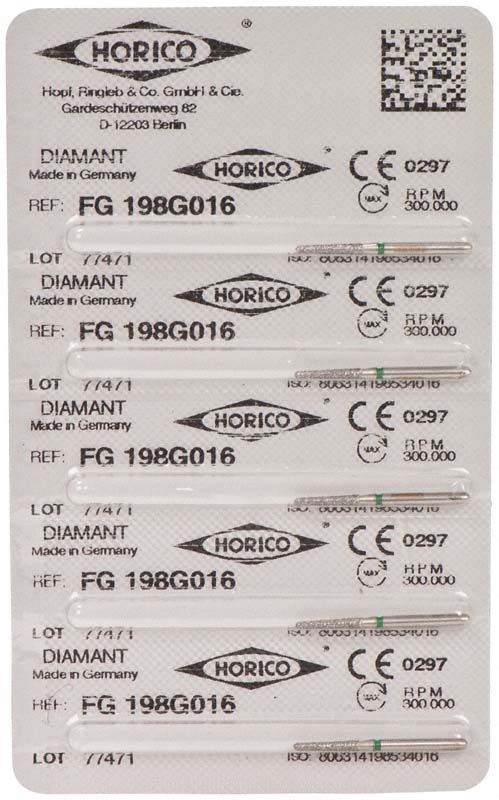 Verpackung mit sechs Diamant-Schleifkörpern FG 198G 016 von Horico.