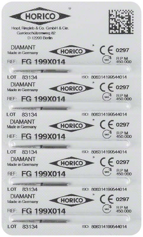 Verpackung von Diamant FG 199X 014, steril und CE-zertifiziert.