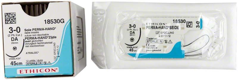 Ethicon PERMA-HAND Seide 3/0, nicht resorbierbares Nahtmaterial in Verpackung.