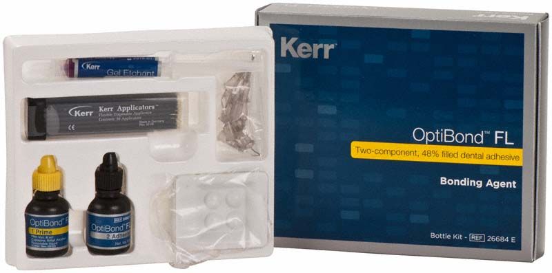 Optibond FL Flaschen Kit mit zwei Flaschen und Applikationszubehör.