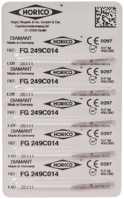 Blisterpackung mit fünf Diamant-FG-Schleifinstrumenten FG 249C 014.