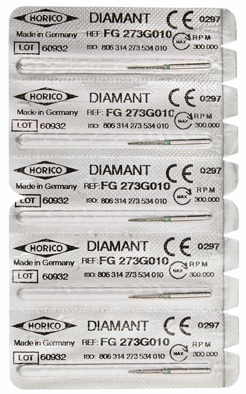 Verpackung von Diamant FG 273G 010 Schleifinstrumenten, Made in Germany.