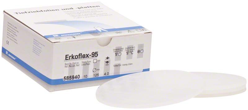 Verpackung von Erkoflex 95 Tiefziehfolien, 125mm Durchmesser, 4,0mm Dicke.