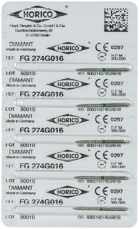 Blisterverpackung mit Diamant-FG-274G-016-Bohrern von Horico.
