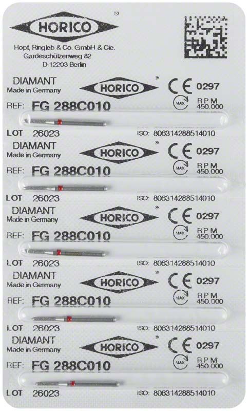 Verpackung von Diamant FG 288C 010 Schleifkörpern mit Barcode und Herstellerinformationen.