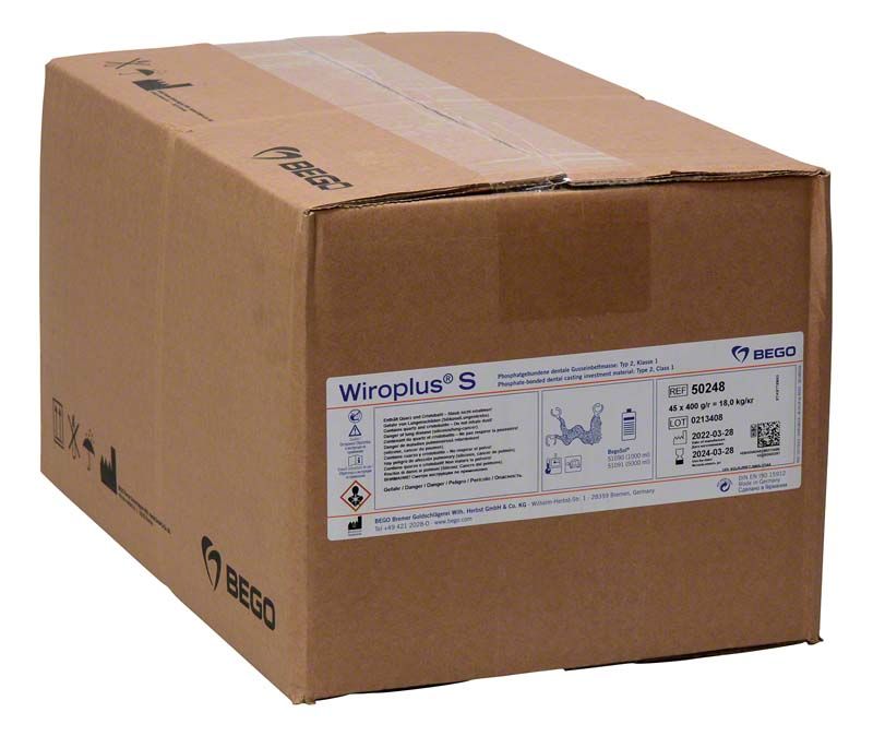 Kartonverpackung der Wiroplus® S 45 x 400g Einbettmasse mit Etikett.