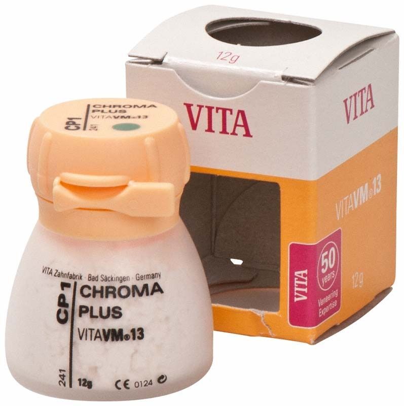 VITA VM13 Chroma Plus CP1 Keramikpulver mit Verpackung im Hintergrund.