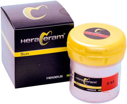 HeraCeram® Sun Dentin DA3 100g im gelben Behälter mit Verpackung.