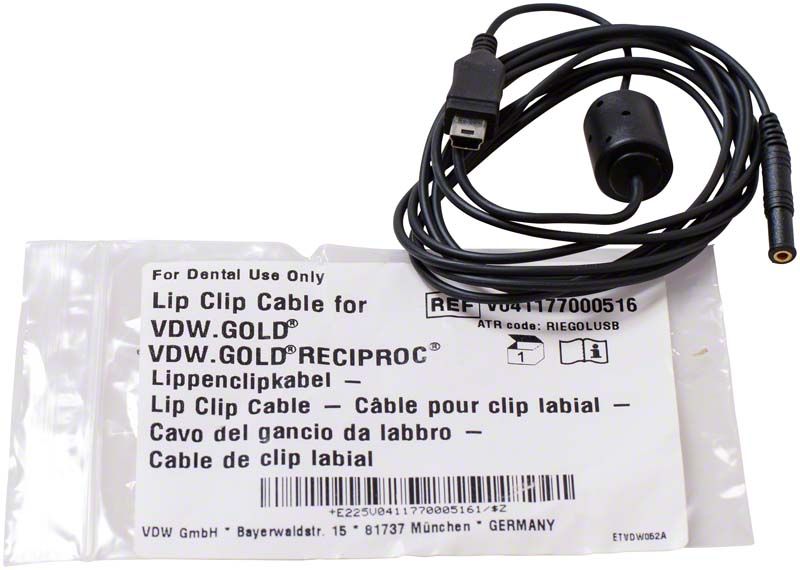 VDW.GOLD Lippenclipkabel mit Ferritring und Verpackung.