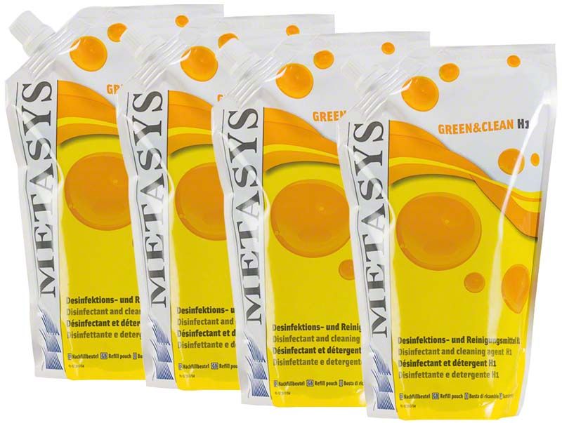 Dekontaminationskonzentrat Green & Clean H1 von METASYS in gelber Verpackung.