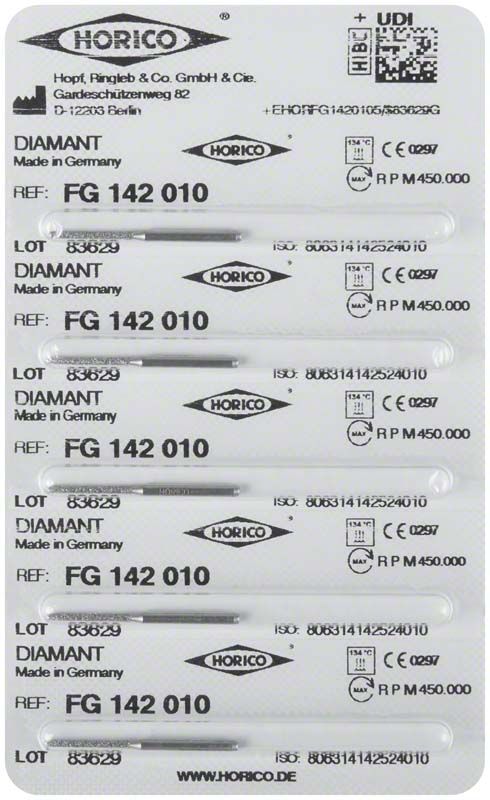 Blisterverpackung mit sieben Diamantbohrern, Ref. FG 142 010, von Horico.