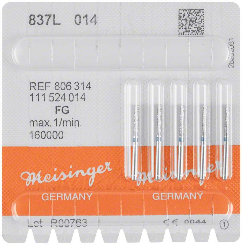 Verpackung mit fünf blauen Diamantbohrern Diamant FG 837L 014.