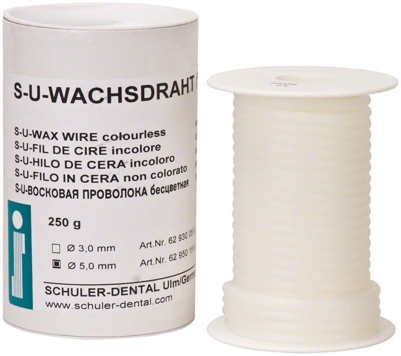 Weiße Spule mit S-U-Wachsdraht Ø 5,0mm und Verpackung.