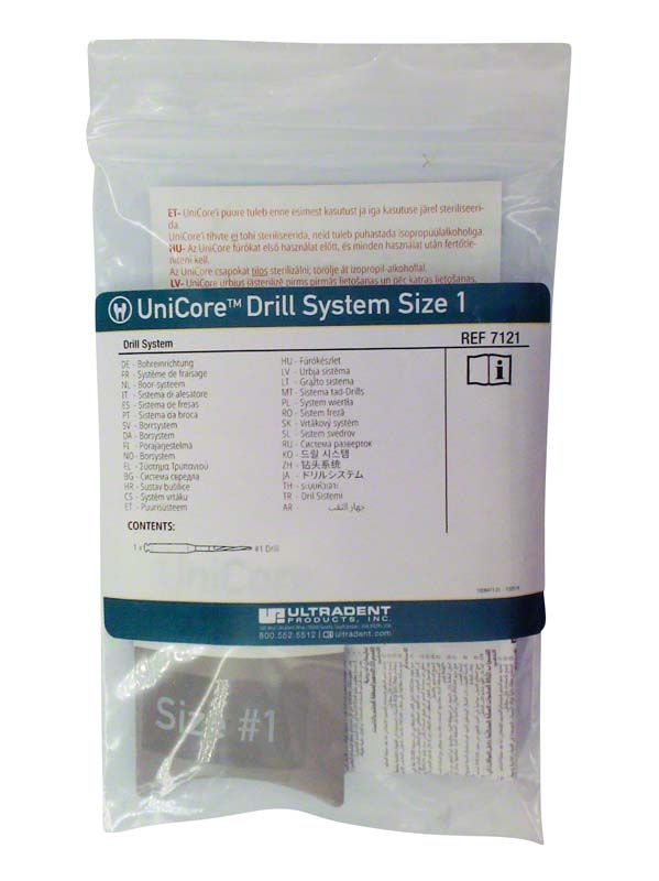 Verpackung des UniCore® Bohrers Gr. 1 mit Etikett und Inhaltsübersicht.