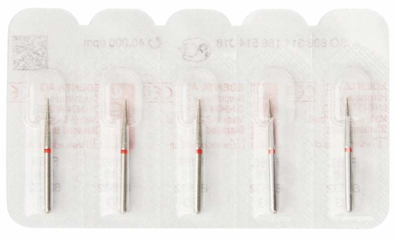 Fünf Diamantbohrer FG 859F 018 in Blisterverpackung.