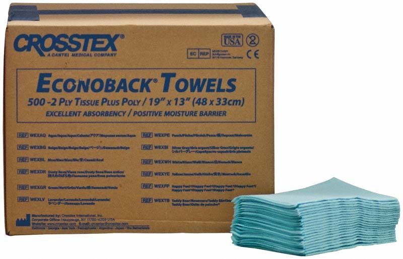 Crosstex Patientenservietten blau im Economypack auf Kartonverpackung.