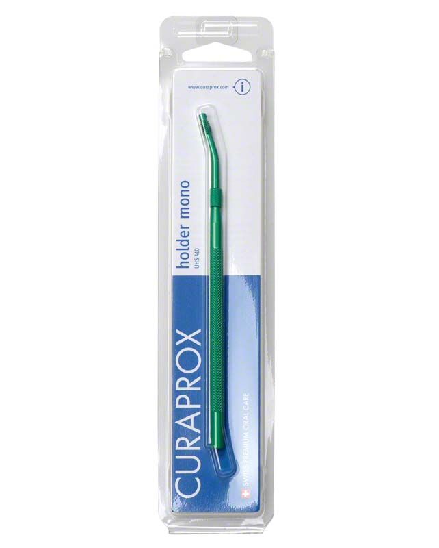 Grüner Alu-Halter mono für Interdentalbürsten in Verpackung.