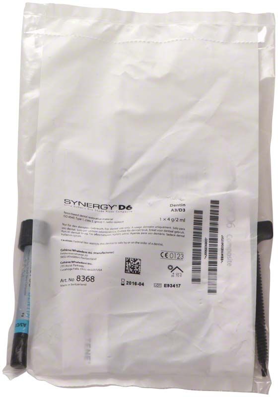 Synergy D6 Spritze Dentin A3/D3 in weißer Verpackung.