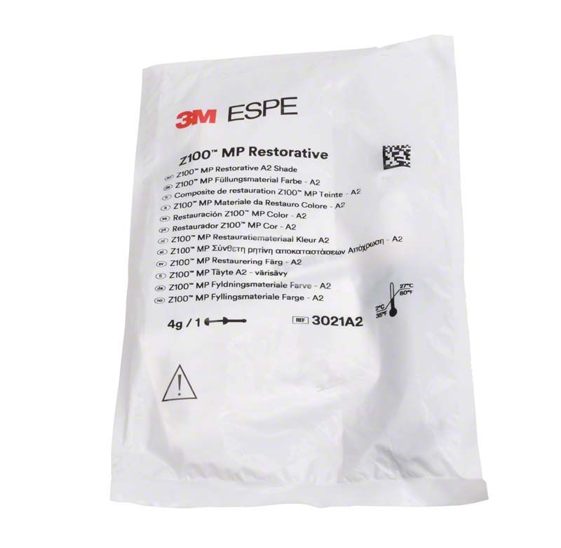 3M™ Z100™ MP Restaurationsmaterial in weißer Verpackung mit Produktdetails.